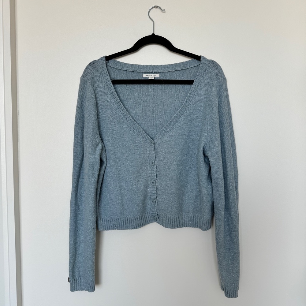 American Eagle Light Blue Cropped Long Sleeve Cardigan Sweater